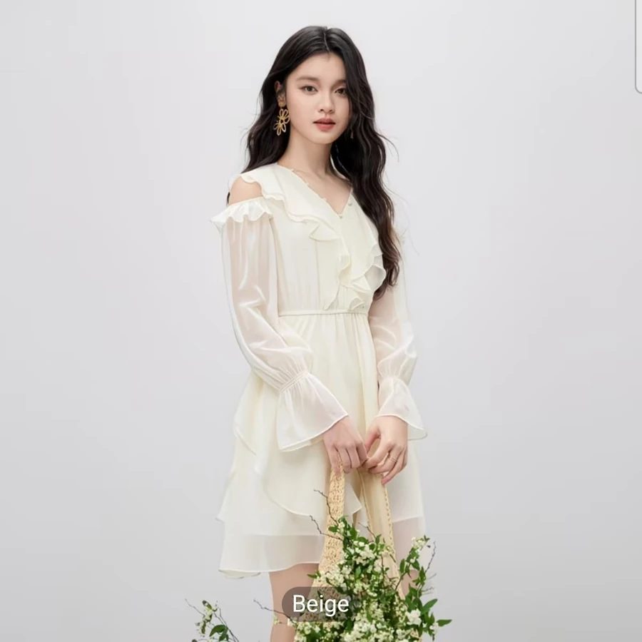 Elegant V-Neck Flounce Hem Dress with Bell Sleeves – Autumn 2026