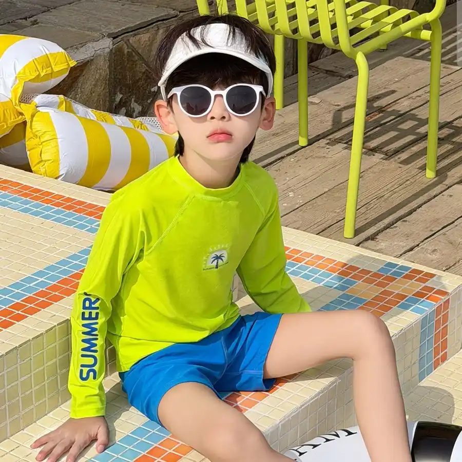Boys' 2-Piece Long-Sleeve UV Swimwear Set, Green, with Goggles