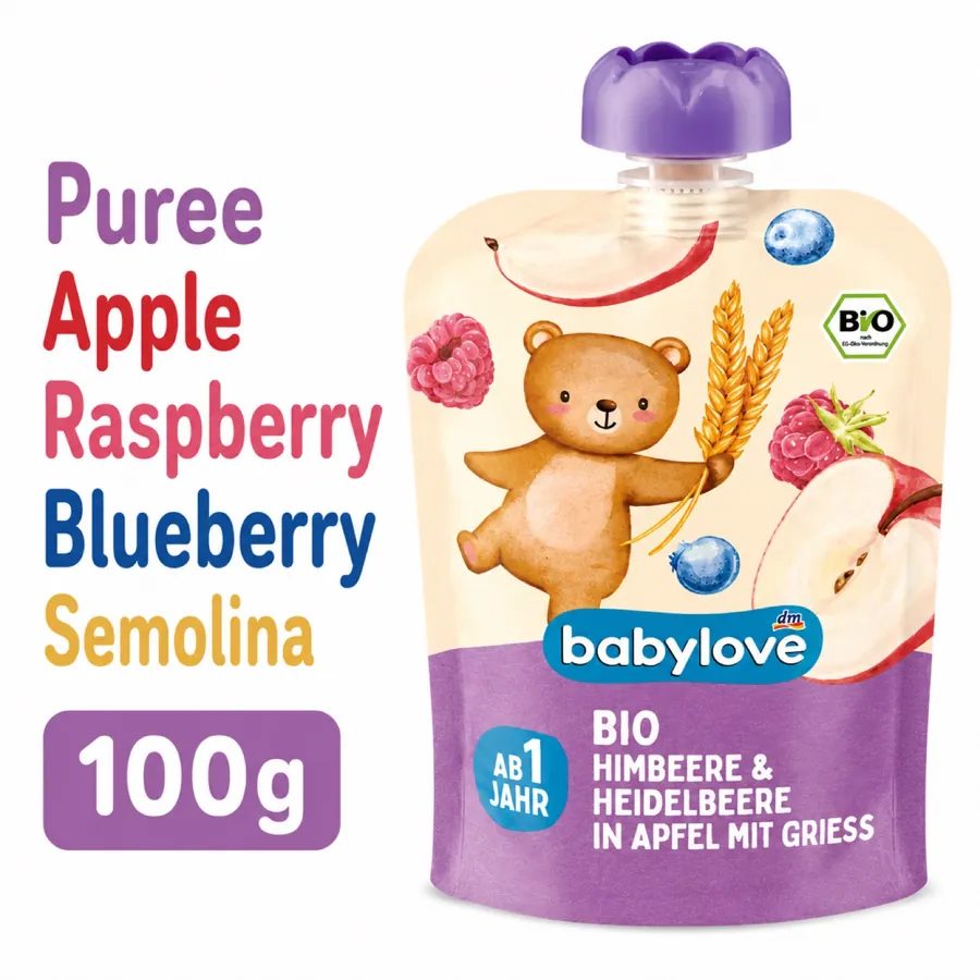 BabyLove Organic , Raspberry & Blueberry with Semolina Pouch - 1+ Year, 100g