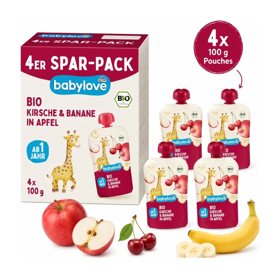 BabyLove Organic Pouch Puree Cherry Banana for Age 1+ Vegan 4x100g