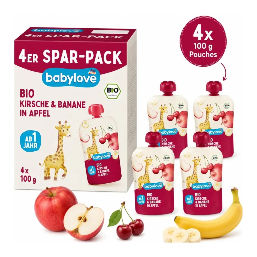 BabyLove Organic , Cherry & Banana Pouches - 1+ Year, 4 × 100g