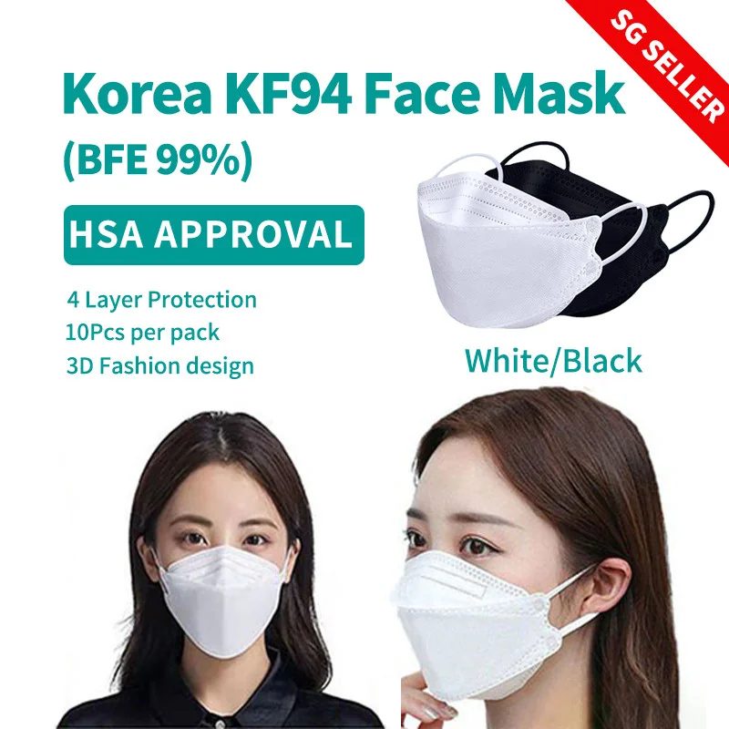 Natrasoft KF94 Face Mask, BFE ≥99%, 4-Ply 3D Design, 50 Pcs (5 Packs of 10), White or Black
