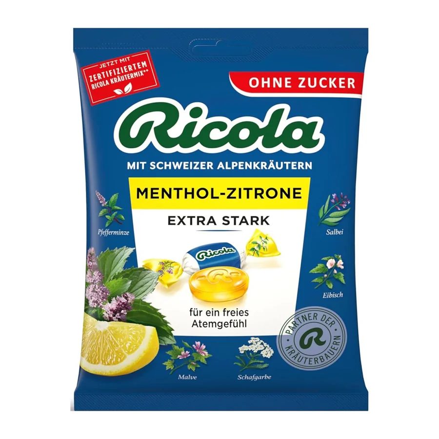 Ricola Menthol Lemon Extra Strong Herbal Drops Individually Wrapped Sugar Free Halal 75g