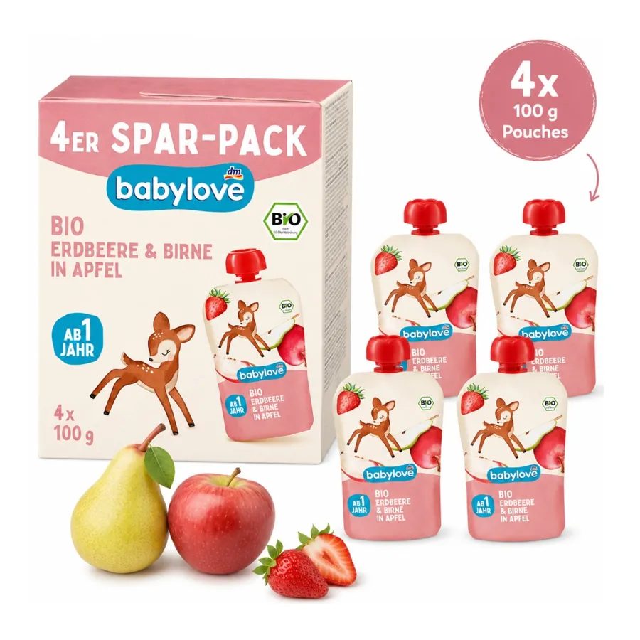 BabyLove Organic Strawberry, Pear & Pouches - 1+ Year, 4 × 100g