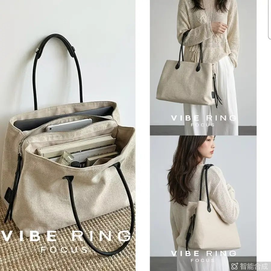 Japanese-Style Multi-Compartment Tote Bag, Cotton-Linen Blend, Lightweight Large-Capacity Casual Commuter Bag