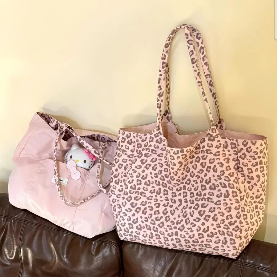 Pink Leopard Print Canvas Tote Bag for Women, Large Capacity Daily Commuter Shoulder Bag