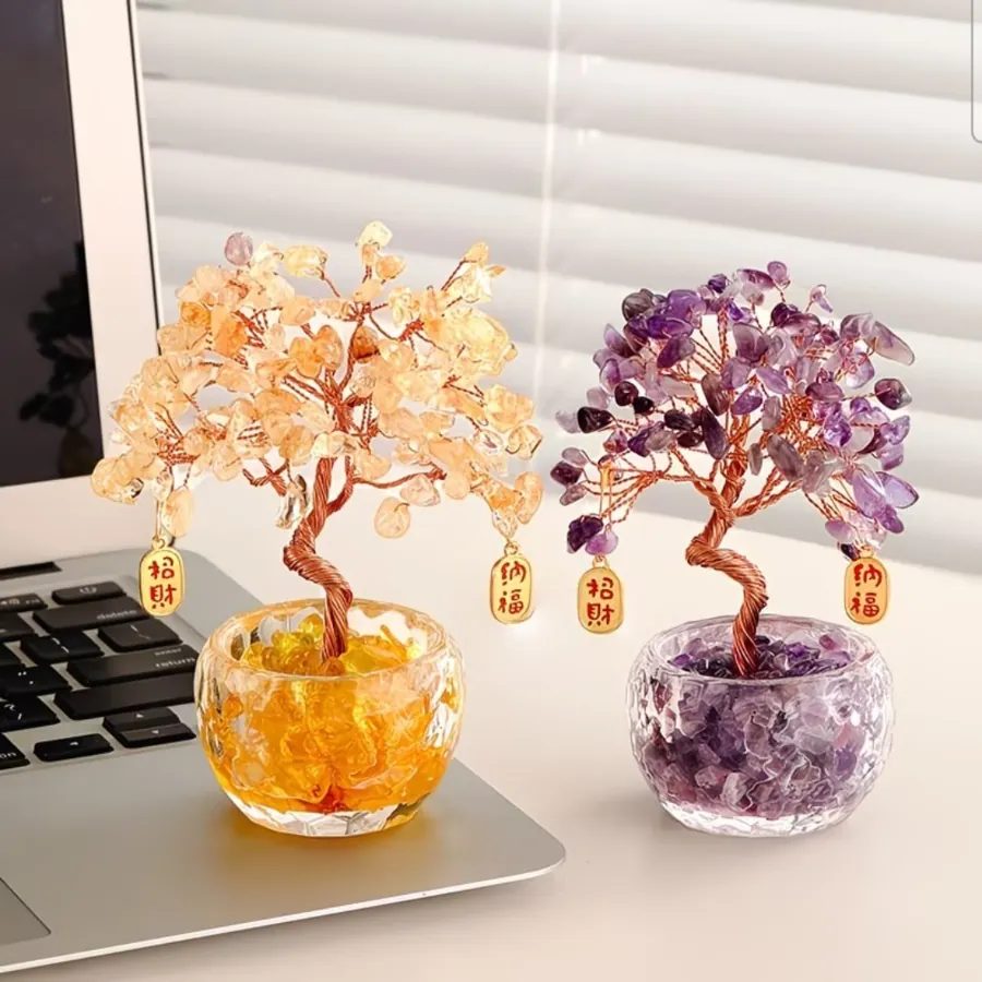 Natural Yellow-Purple Amethyst Crystal Fortune Tree Ornament