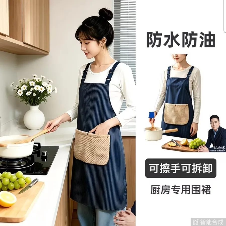 Detachable Waterproof Oil-Resistant Kitchen Apron for Women, Wipe-Clean Cooking Smock