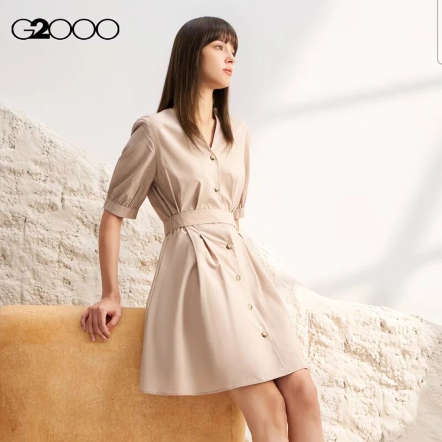 Women's Cotton V-Neck Puff Sleeve Shirt Dress with Belt