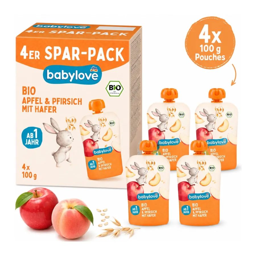 BabyLove Organic , Peach & Oat Pouches - 1+ Year, 4 × 100g
